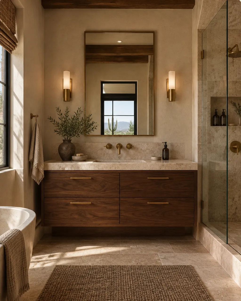 Warm limestone bathroom with walnut vanity and brass fixtures