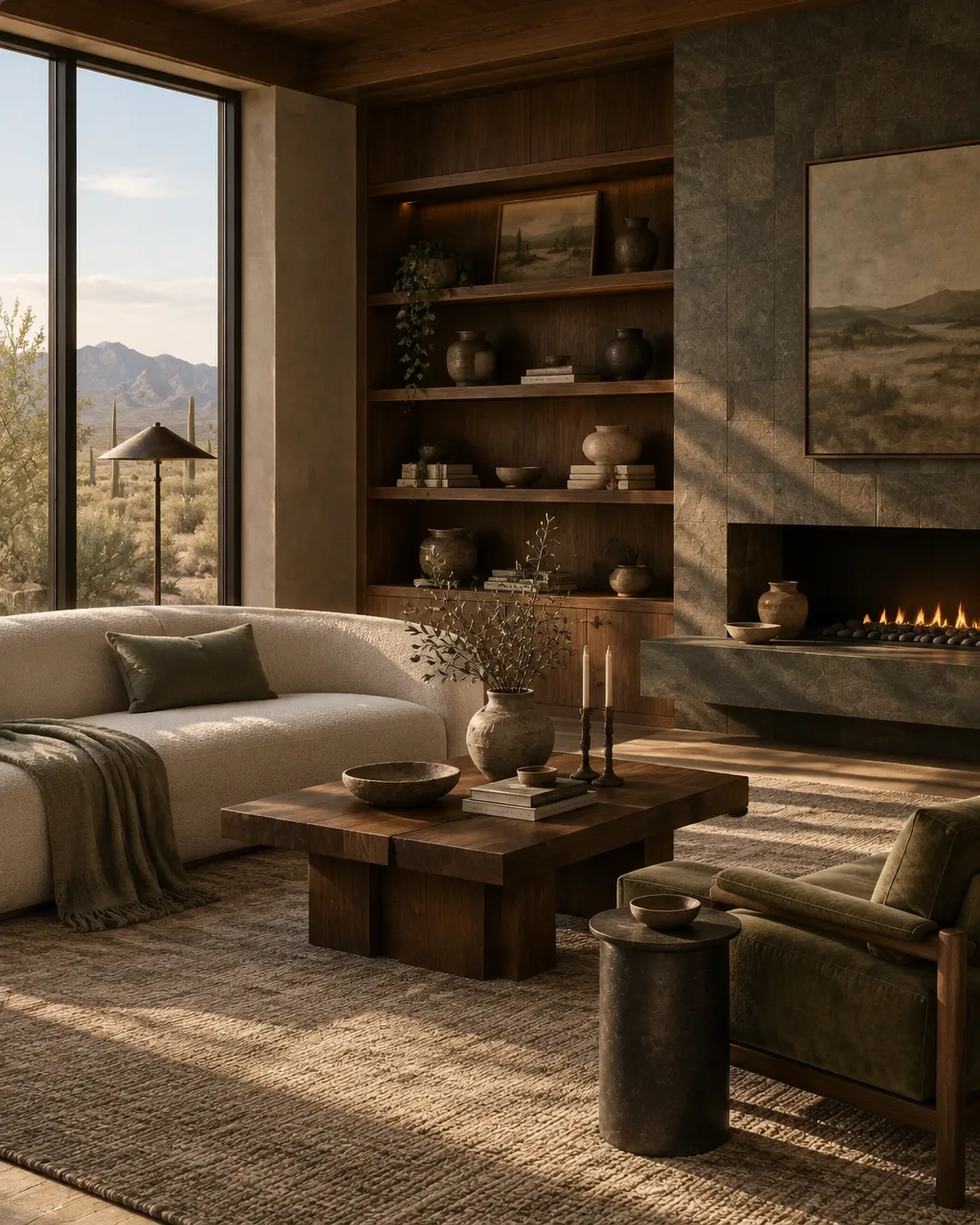 Warm Tucson living room with walnut built-ins and desert views