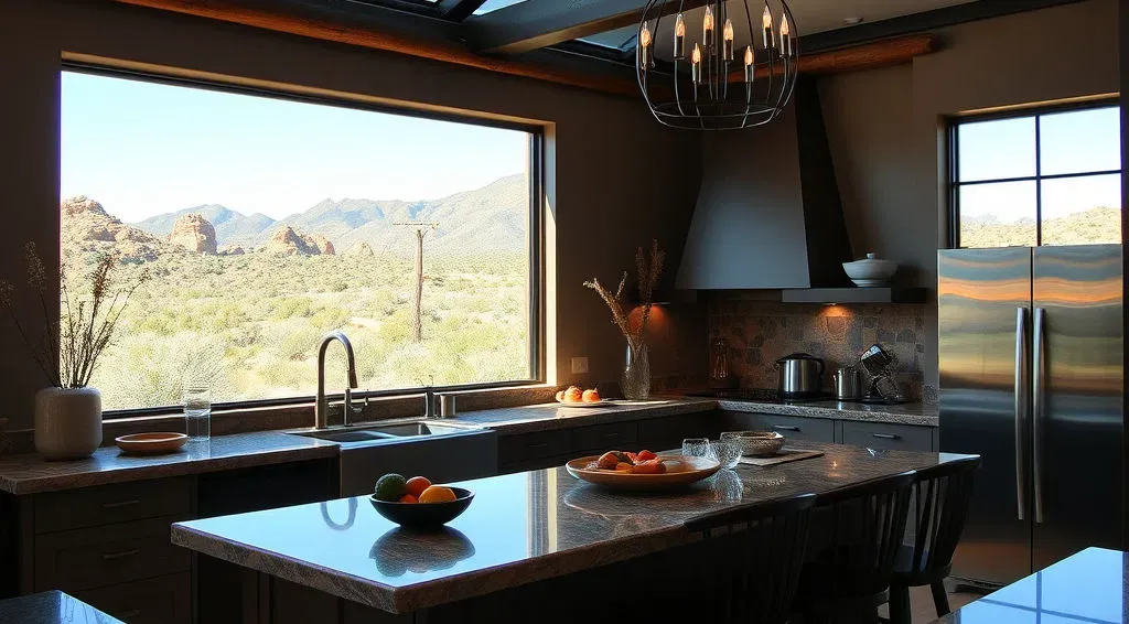 Dark warm wood kitchen with a large window framing Arizona desert mountains